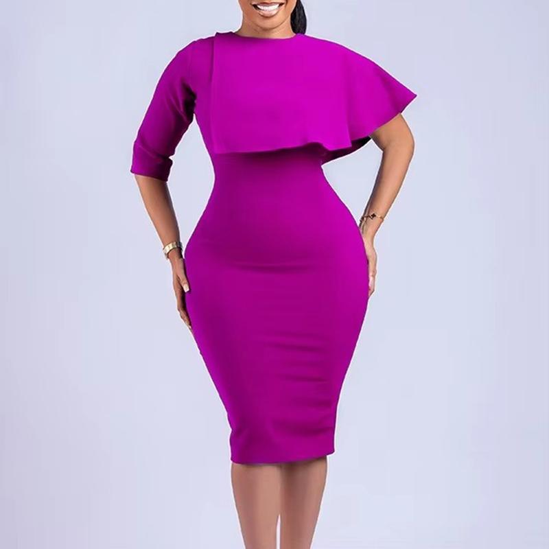 

Elegant Bodycon O Neck Dresses Women Half Sleeve Sexy Package Hips Mid Calf Professional Female Dress New S фиолетовый