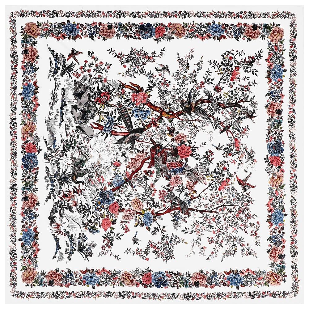 Lenço de Seda de Luxo Estampado com Pássaros e Flores de Rosa 130cm*130cm para Mulheres Faixa de Cabeça Lenços Quadrados Grandes de Alta Qualidade Xales Femininos de Sarja
