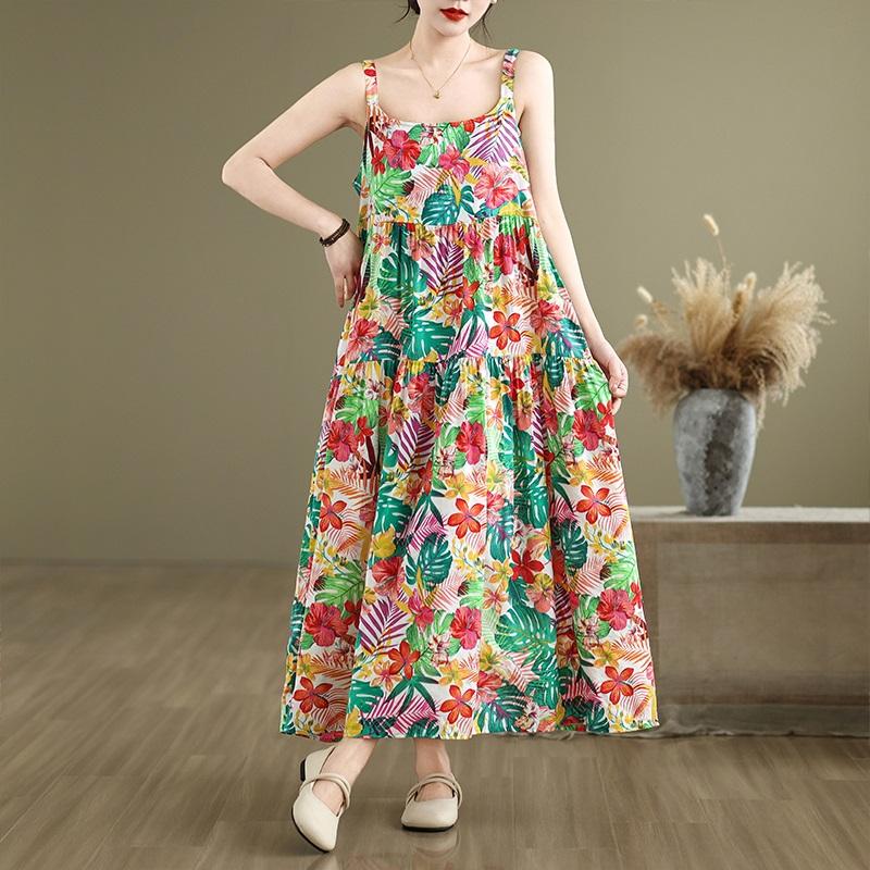 Bez rukávů na ramínka Nadměrná velikost bavlna vintage květinový novinka šaty pro ženy ležérní volné dlouhé letní šaty