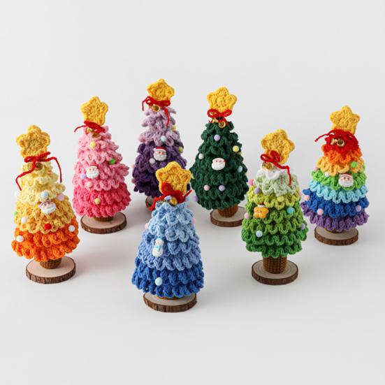 Yousheng Crochet Christmas Tree Small Handmade Multi-layered Knitting Xmas Tree with Woodgrain Base for Winter Tabletop Home Room Party Decor