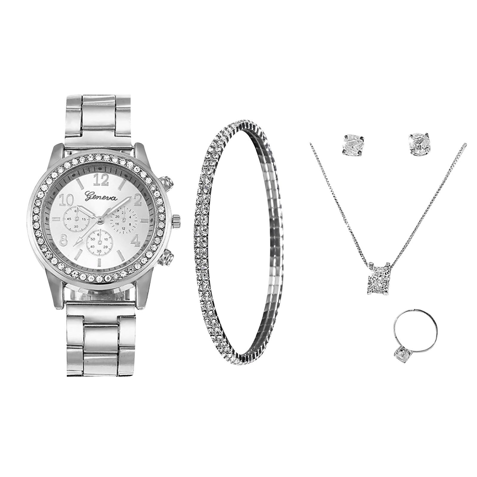 6pcs Inlaid Rhinestone Quartz Watch Bracelet Necklace Earrings Ring серебряный