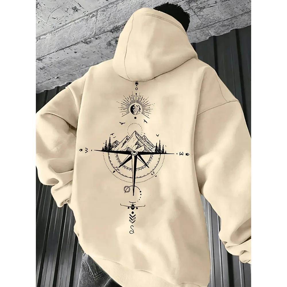 Vintage Kompass-Print Hoodies für Herren Hochwertiger Kapuzenpullover Langarm Allwetter Täglich Lässig Sportliche Oberteile Herrenbekleidung