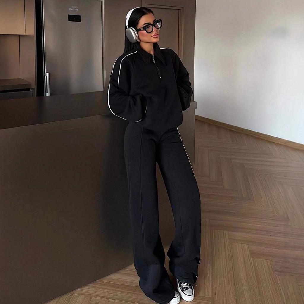 2025 cross-border European and American women's clothing Amazon zipper long-sleeved straight slim-fit casual pants commuter fashion suit