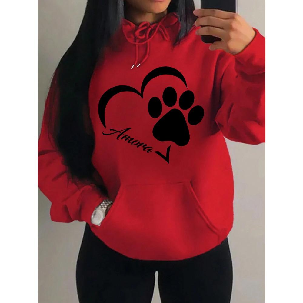 Love And Little Cat Foot Creative Print Women Hoody Fashion Autumn Sweatshirt Pocket Hoodie Sport Style Comfortable