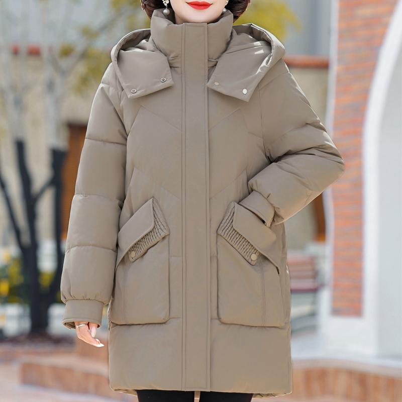 

Женские зимние пальто среднего возраста с капюшоном, большие размеры, верхняя одежда, свободные, элегантные, длинные парки, толстые, теплые, женские куртки 4XL хаки