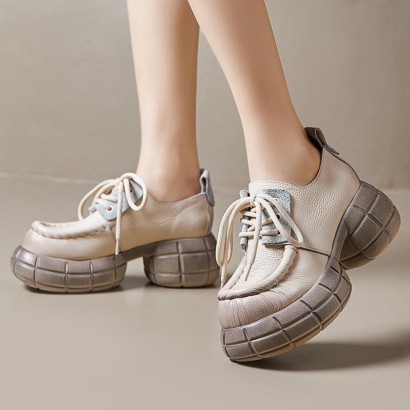 Mode GKTINOO Dicksohlige Erhöhende Pumps 2024 Frühling Neu Echtes Leder Schnürschuhe Vielseitige Retro Damen Plateau Schuhe