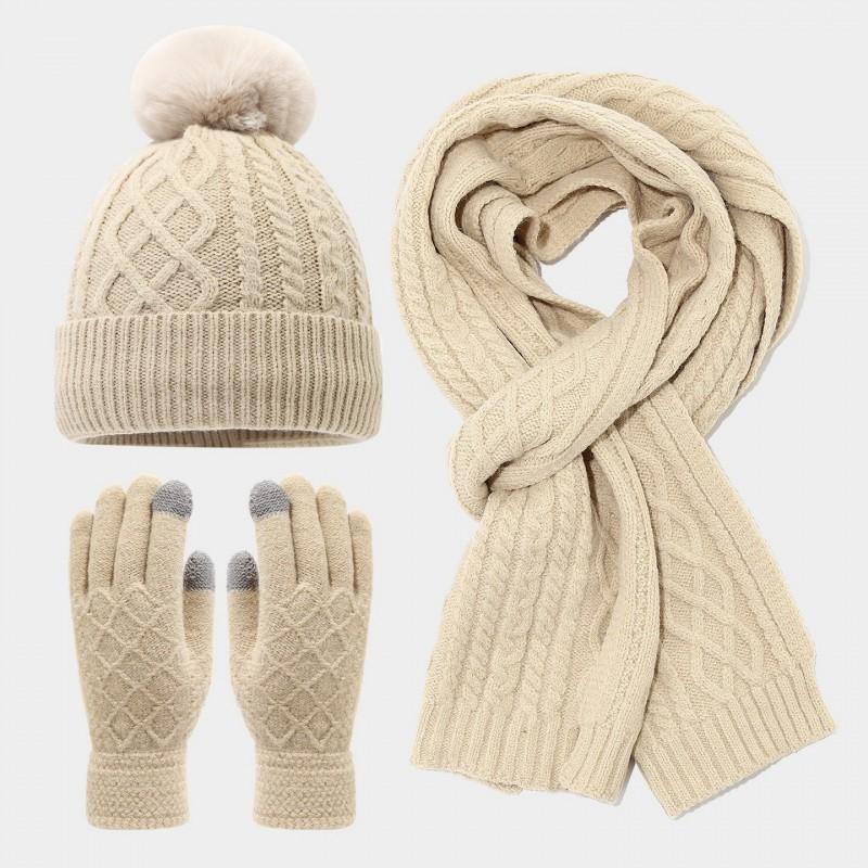 Womens Winter Knit Hat Scarf Gloves Set Warm Fleece Lined Ear Protection Outdoor Cycling Accessory