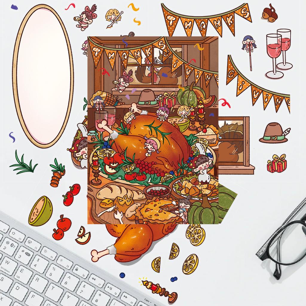 Cartoon Large Thanksgiving Festival Series Scene Stickers 3D Miniature World Unzipped DIY Scene Account