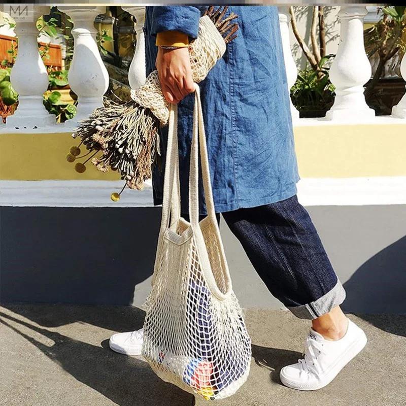 Totes Mesh Bag Cotton String Produce Shopping Turtle-bags Grocery Long Handle Net Shoulder-Bag Fruit Vegetable Reusable