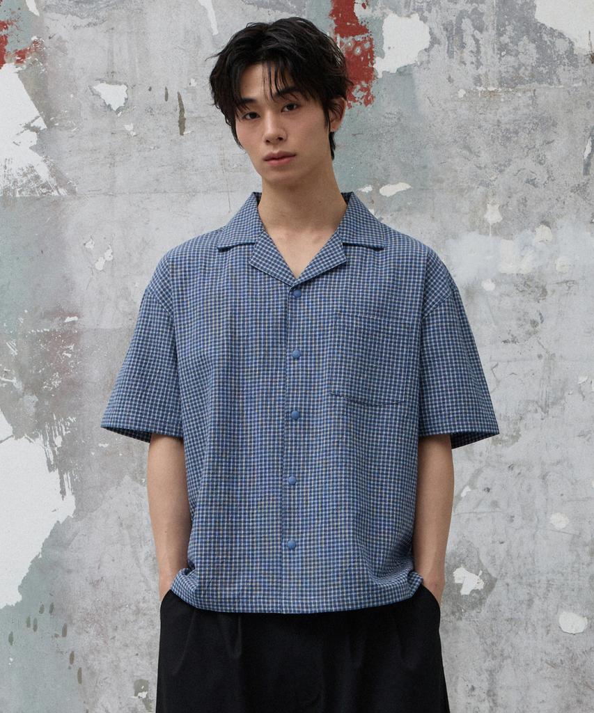 AGOD Open Collar Check Half Shirt [Navy]