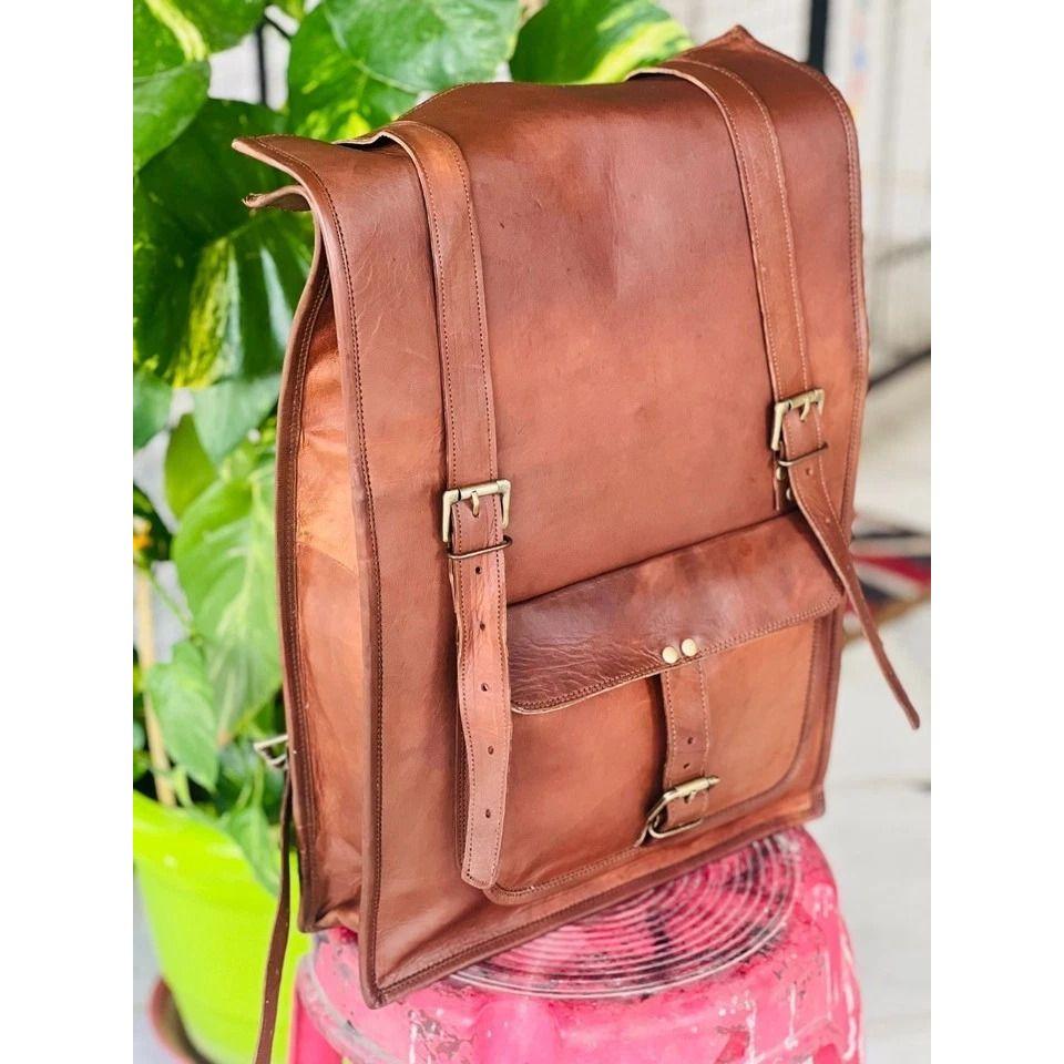 Goat Leather Backpack Bag Laptop Rucksack Vintage Brown Men's Genuine Travel