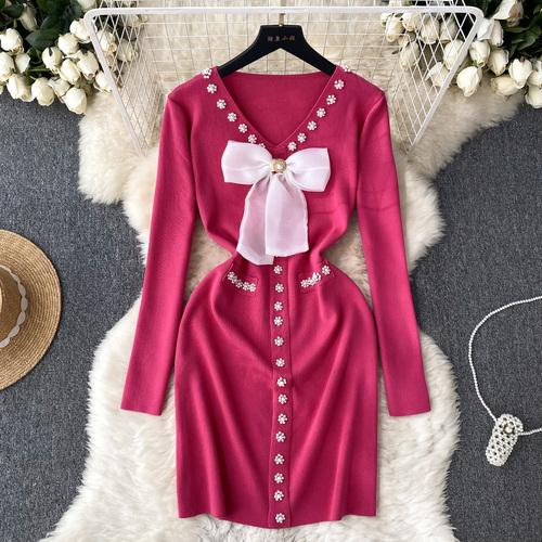 Elegant Bow High Waist Fashion Bodycon  Dress Long Sleeve Sexy Knit Elastic Tight Vestidos Autumn Winter Pencil Sweater Dress