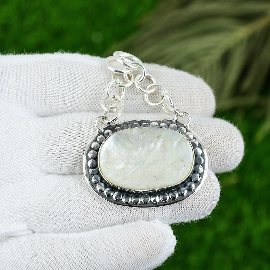 Birthday Gift For Her Natural Mother Of Pearl Gemstone Pendant 925 Silver