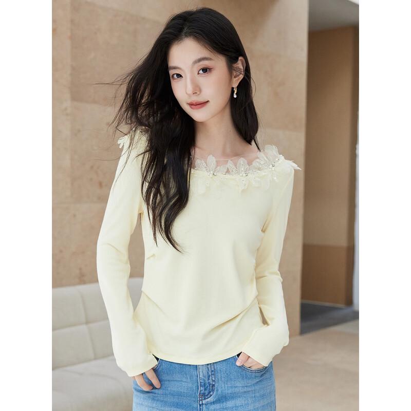La Chapelle Women's Long-Sleeve T-Shirt with Beaded Tulle Collar