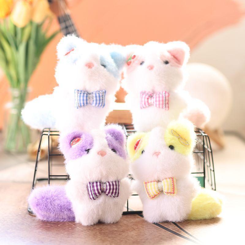 Cute Animal Plush Doll With Checkered Bow Decoration For Bags And Keys