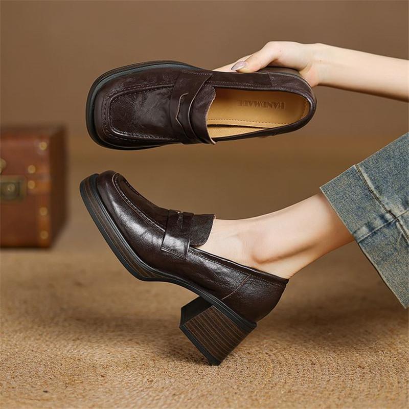 Fashion New Spring Genuine Leather Woman Shoes Square Toe Women Pumps Shoes for Women High Heel Platform Loafers Ladies Shoes Women