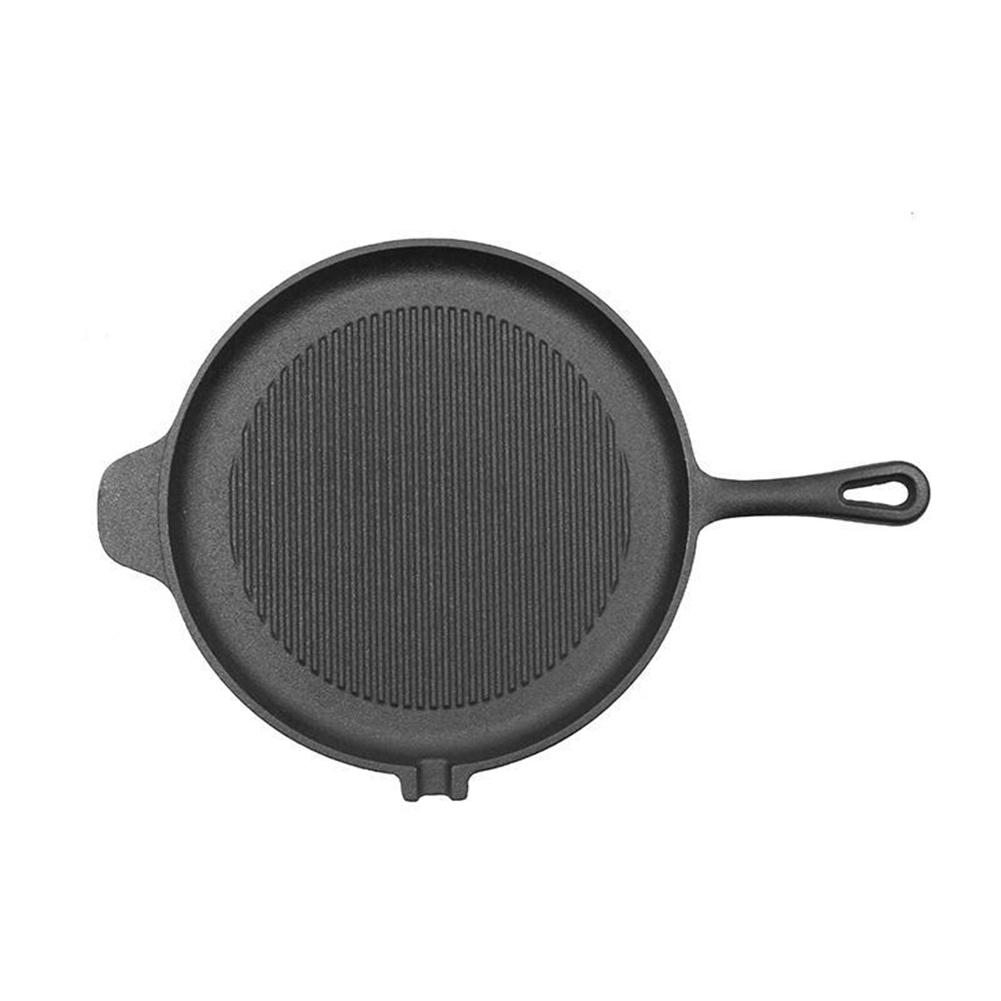 

28cm Cast Iron Ribbed Metal Utensil Saucepan Non-stick & Single Spout BBQ Pan Frying Pan Pot for Gas Induction Cooker Universal