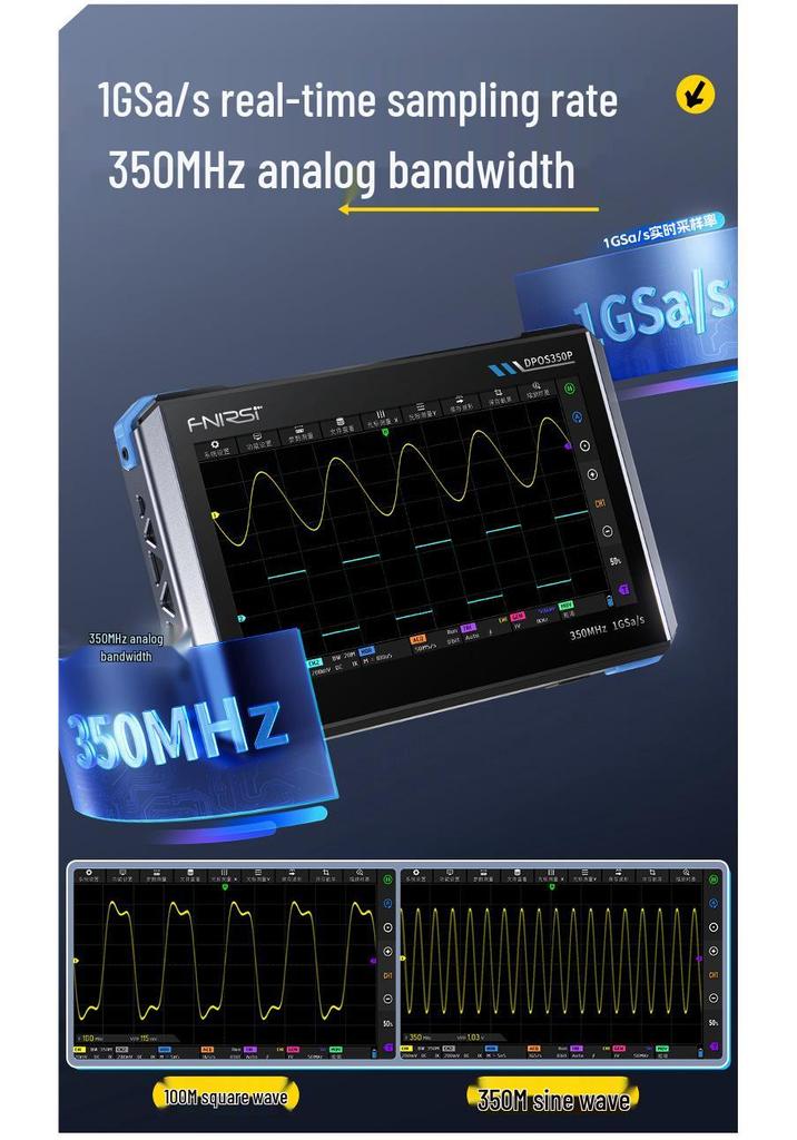 FNIRSI DPOS350P 4-in-1: 350MHz Tablet Oscilloscope, Signal Generator, Spectrum Analyzer, & Frequency Counter
