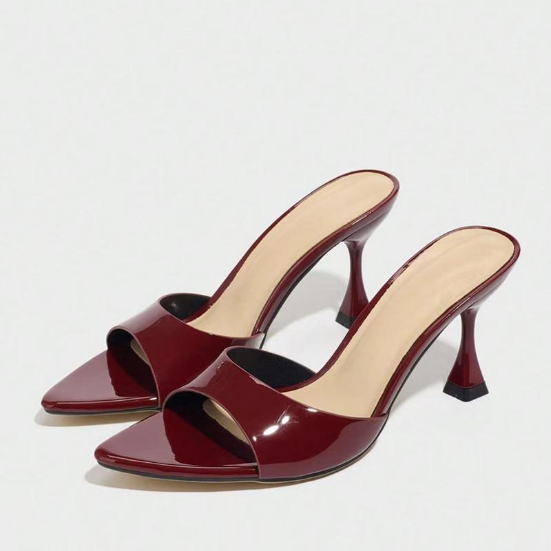 Summer 8CM Kitten Heels Slippers For Women Cozy Patent Leather Pointed Toe Slides Shoes Party Prom Mules Sandals Size 43