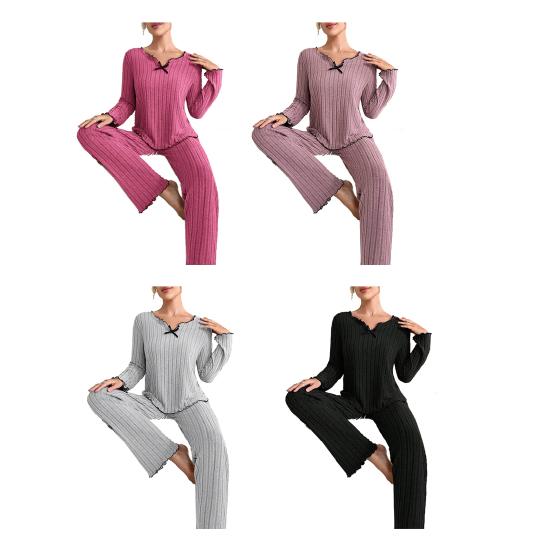 2Pcs/Set Women Pajamas Set V-Neck Long Sleeve Lace Trim Tops Elastic Waist Long Pants Set Solid Color Ribbed Sleepwear