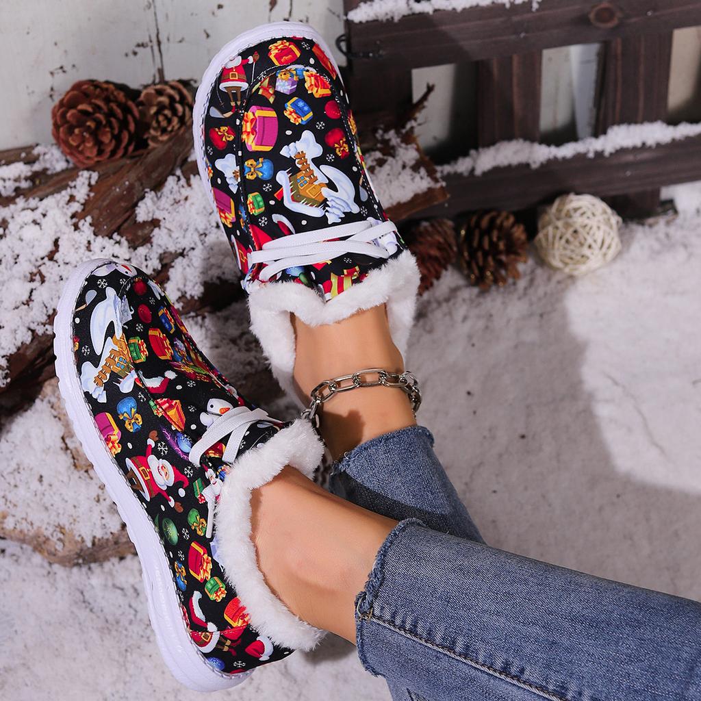 Autumn and Winter New Plus-size Christmas Fur Collar with Thickened Fleece and Versatile Warm Flat Round Toe Cotton Shoes