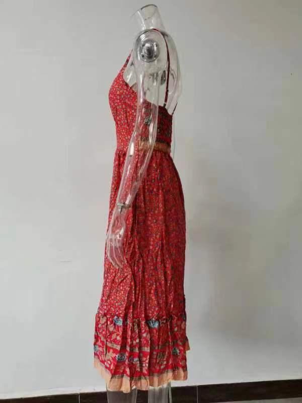 2026 Summer Bohemian V-Neck Floral Spaghetti Strap Maxi Dress for Women