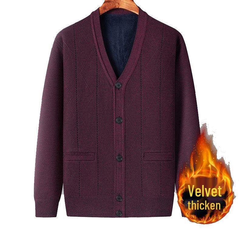 Men's V-Neck Thick Fleece Cardigan: Warm Knitwear for Dad and Grandpa