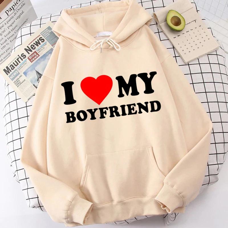 Valentine's Day I Love My Boyfriend Girlfriend Printed Hoodie Sweatshirt Unisex Pullover Long Sleeve Hooded