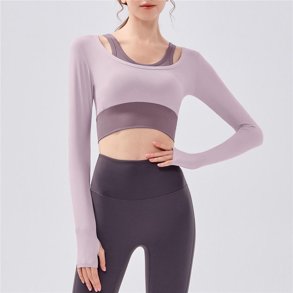 

Новый цветной блок, имитация двойки, утягивающий, быстросохнущий, с длинным рукавом, для йоги, ударопрочный фитнес-бра, дышащий спортивный бюстгальтер для женщин XL фиолетовый