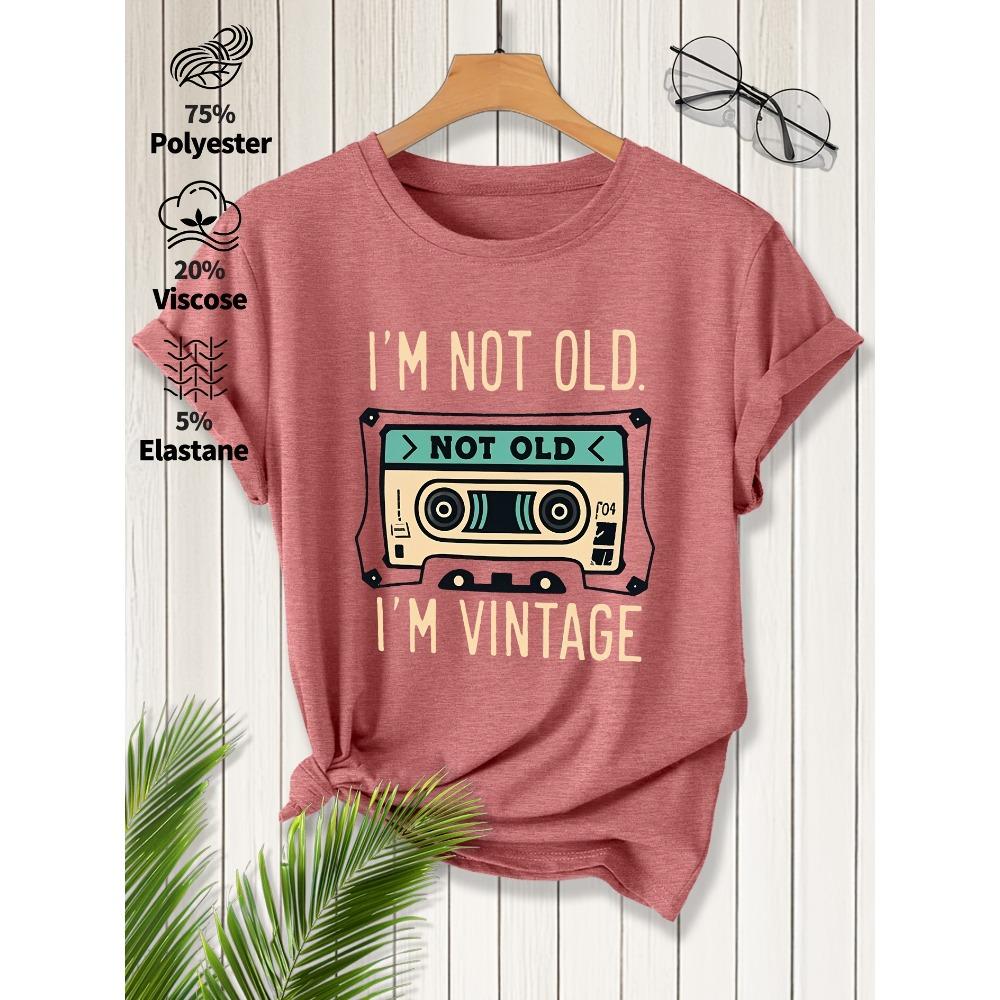 Ladies Elegant Short Sleeves, Vintage Tape Print Crew Neck T-Shirt