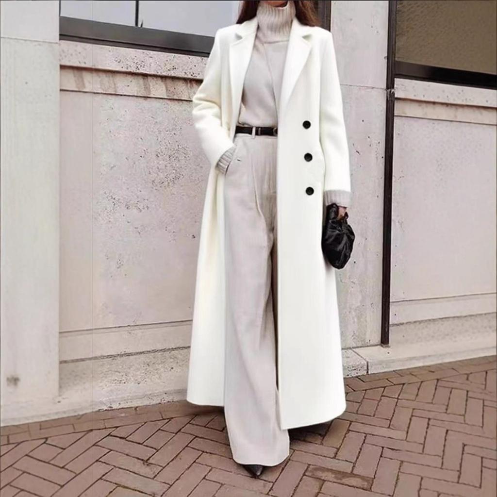 Women's Lapel Collar Solid Color Long Length Wool Blend Coat Double Breasted Warm Winter Outerwear