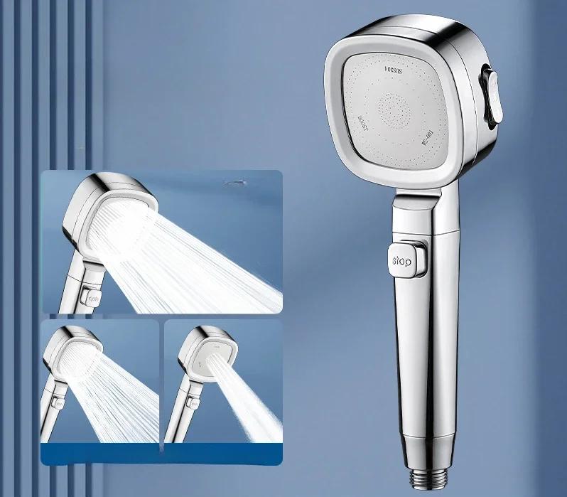 

High Pressure Shower Head with 3 Modes Adjustable Water Saving One-Key Stop Massage Sprayer for Bathroom серебряный