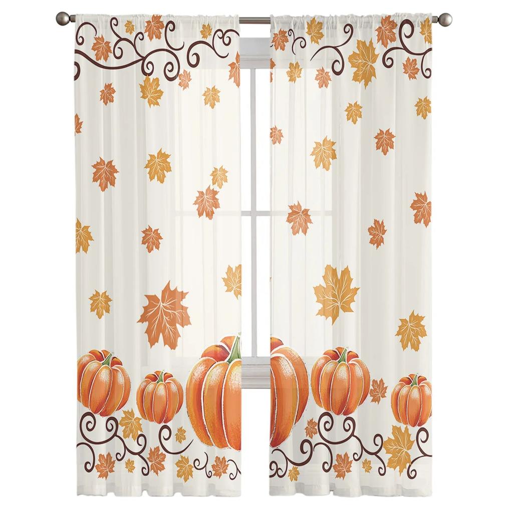 Podzimní Den díkůvzdání Ložnice z javorového listu Průhledné průsvitné závěsy Sváteční dekorace Okno Voál Tylový závěs