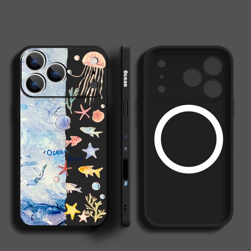 Contrast Color Cartoon Fish Conch Pattern Case For iPhone 16 Pro Max Magnetic For Magsafe Soft Cover For iPhone 17 15 14 13 Pro Max 17E 16E