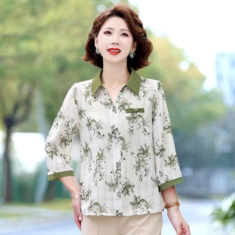 Floral Print Contrast Collar 3/4 Sleeve Button Down Blouse Casual Chiffon Top
