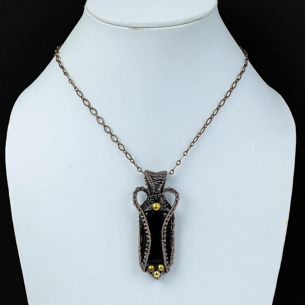 Black Onyx Gemstone Pure Copper Wire Wrapped Handmade Jewelry Pendant For Gift