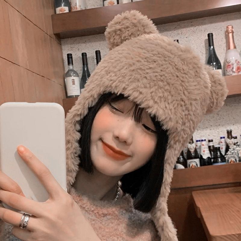 Bear Ski Hat Bear Earflap Hat Plush Bomber Trapper Hat Bear Ear Hat Hooded Hat