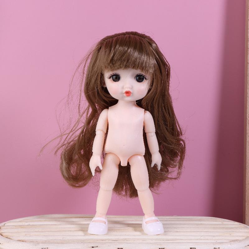 1 Set Nude Doll 3D Simulation Eyes 13 Joint Black Long Hair 1/8 17Cm Doll Plastic Doll Head Toys With Gold Brown Hair Kids Gift