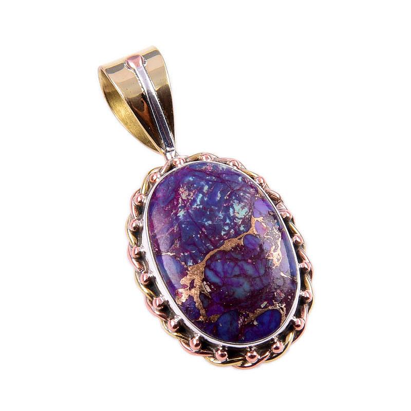 Natural Purple Copper Turquoise 925 Solid Silver Gift TwoTone Pendant1.25" N4T55