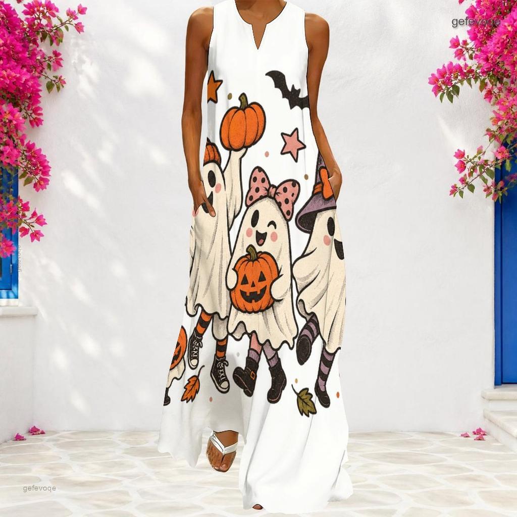 Women Plus Size Sleeveless Small V Neck Maxi Dress Halloween Witch Lamb Cartoon Print Loose Long Dress