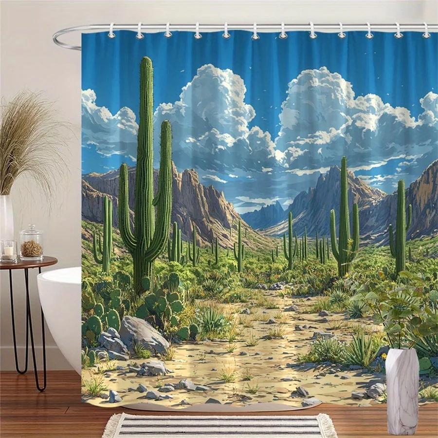 1pc Desert Landscape Saguaro Cacti Shower Curtain - Southwest Bathroom Decor with Rocky Terrain & Blue Sky Digital Art, Durable