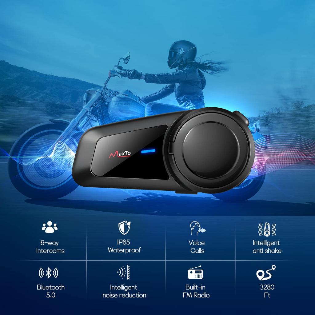 Maxto M2 Motorcycle Intercom Helmet Bluetooth Pairs with All Continuous Simultaneous Radio Headphones, Brands, Auto-Answer, 12-Hour Operation,