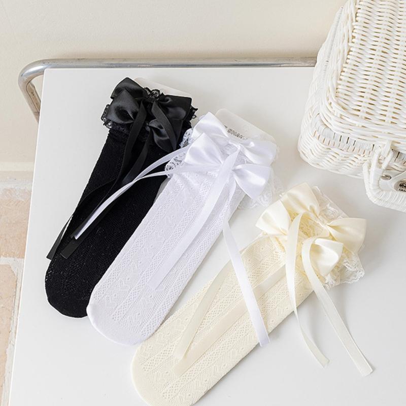 Girls Knee Socks Bowknot Ribbon Socks Stockings for Girl Student 3-16 Year