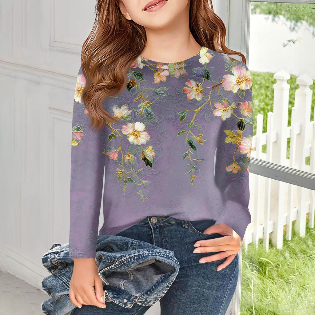 Girls Long Sleeve T Shirts Kids Fall Tops Crewneck Printed Basic Tees