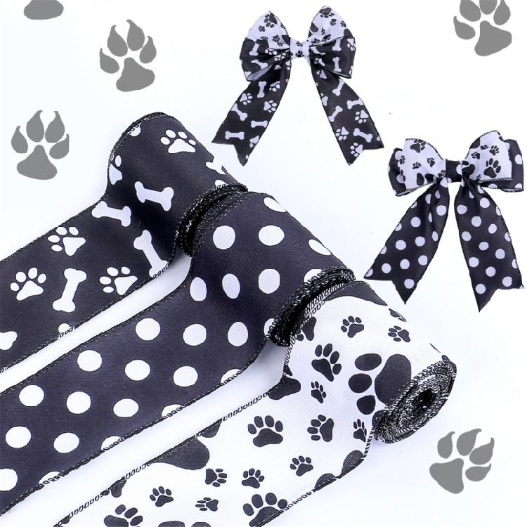 2.5inch Paw Print Wire Ribbon,Dog Ribbon,Polkas Dots Ribbon Wire Edged Ribbon