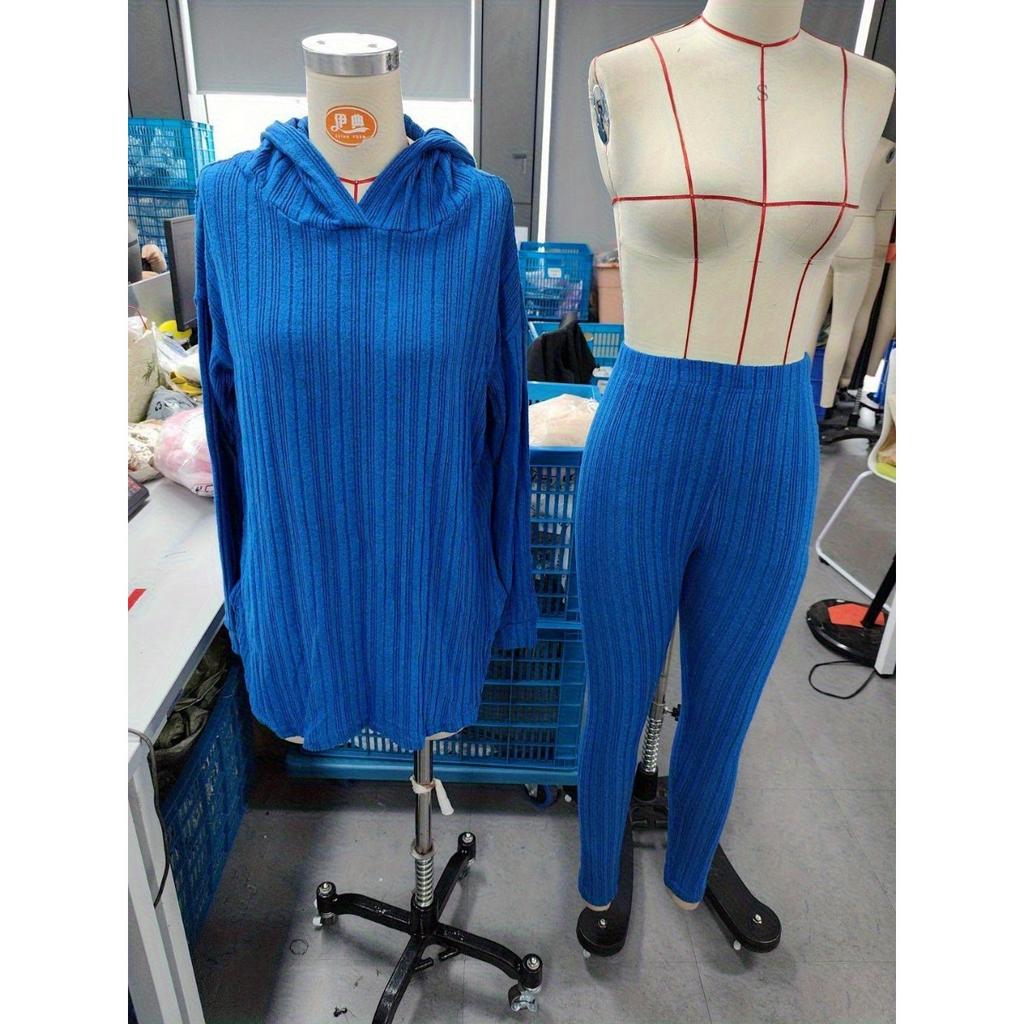 Fall Winter Women's Ribbed Knit Loose Hooded Long Sleeve Top + Pants Matching Set Casual Outfit