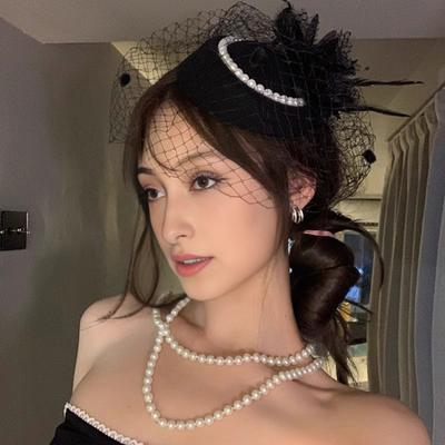 Women Fascinator Hat Feather Mesh Imitation Pearls Decor Pillbox Hat Small Top Hat Daily Party Hair Accessory
