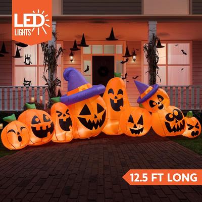 Joyfy 12,5 FT Halloween Aufblasbarer Langer Kürbis mit Hexenhut Dekorationen Aufblasbare mit Eingebauten LEDs für Halloween Deko
