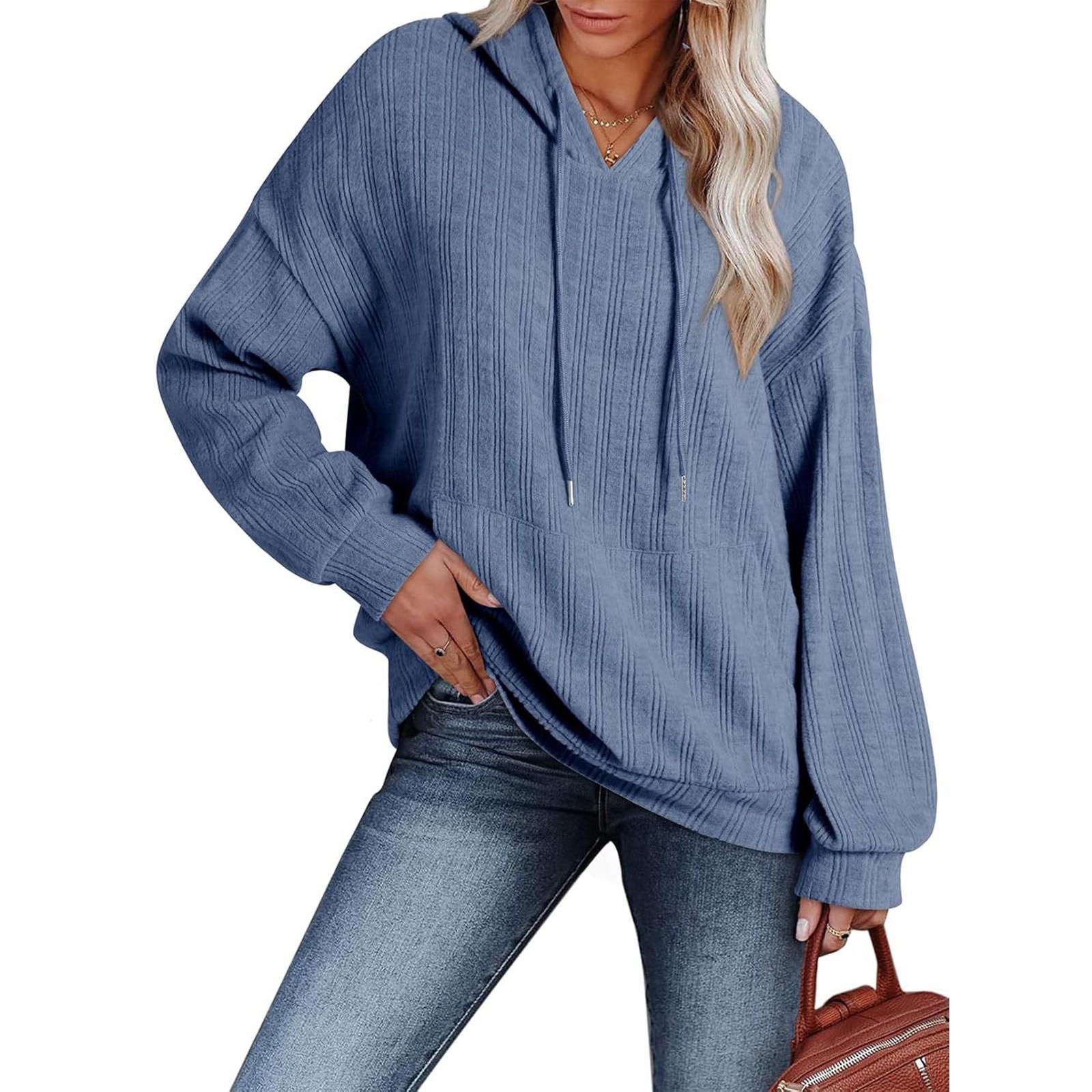 

Fashionable Women s Casual Loose Solid Color Long-sleeved Pocket Hooded Sweatshirt L синий