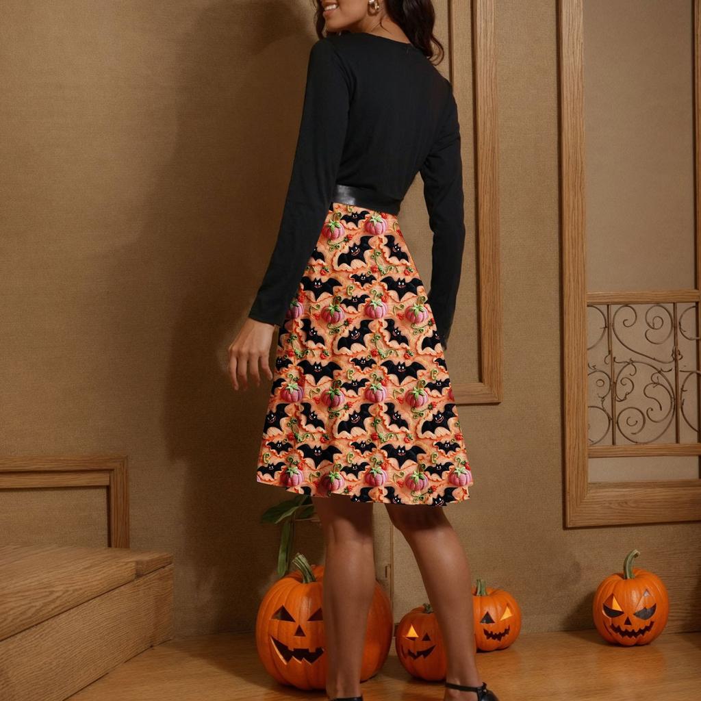 Women's Casual Fashion Long Sleeve  Halloween Graphic Printed Vintage Long Dresses